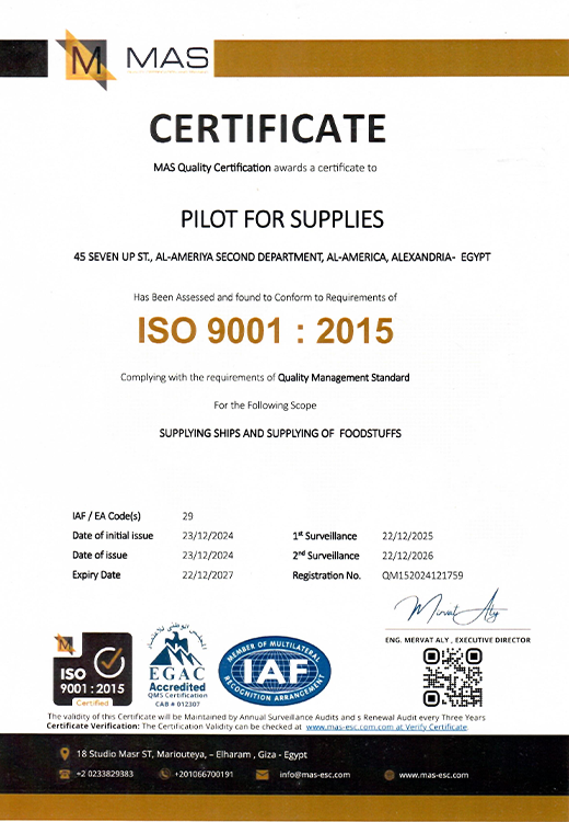 ISO 9001:2015 Certification - Quality Management Standard for Marine Food Supply and Ship Chandling Egypt