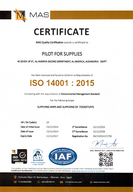 ISO 14001:2015 Certification - Environmental Management Standard for Ship Supply and Food Provisioning Egypt