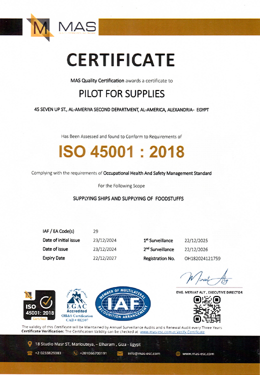 .ISO 45001:2018 Certification - Occupational Health and Safety Management for Marine Supply Egypt by Pilot for Supplies
